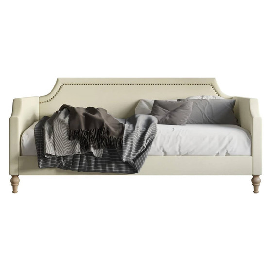 Twin size Beige Cream Polyester Fabric Upholstered Daybed with Nailhead Trim Q280-BEUPDB231593674
