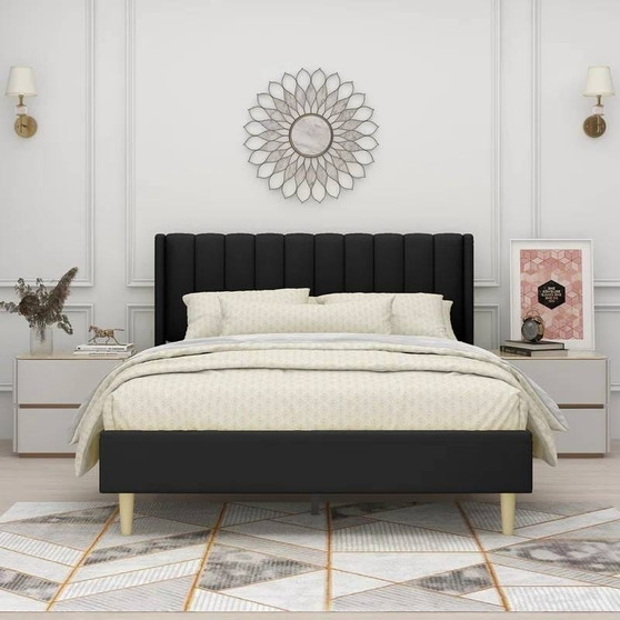 Queen size Mid-Century Black Linen Platform Bed Frame with Upholstered Headboard Q280-QBLEPB20362584
