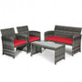 4 Pieces Patio Rattan Furniture Set with Cushions-Red - Color: Red D681-HW63238RE