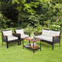 4 Pieces Patio Rattan Acacia Wood Furniture Set with Cushions and Armrest - Color: Espresso D681-HW69538+
