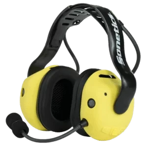Sonetics Apex wireless team headset in yellow with black over-the-head band, ear cushions, and boom microphone. APX377.V2, APX379.V2