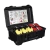Open Sonetics rugged black rolling case holding three yellow Apex wireless headsets and a red ComHub, with a quick start guide on the inside lid