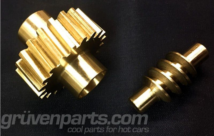 Angled view of the bronze replacement gears for a GM power seat motor, used to fix common plastic gear failures.