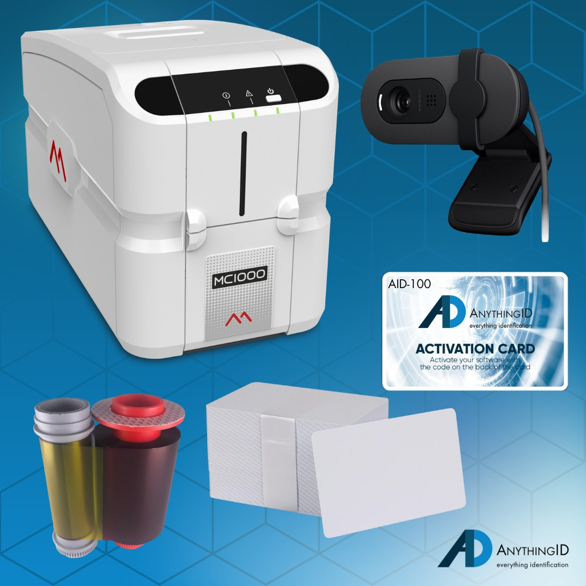 AnythingID™  Matica MC1000 Single-Sided ID Card Printer with AID-100 Software, Webcam, YMCKO Ribbon, and 100 Cards
