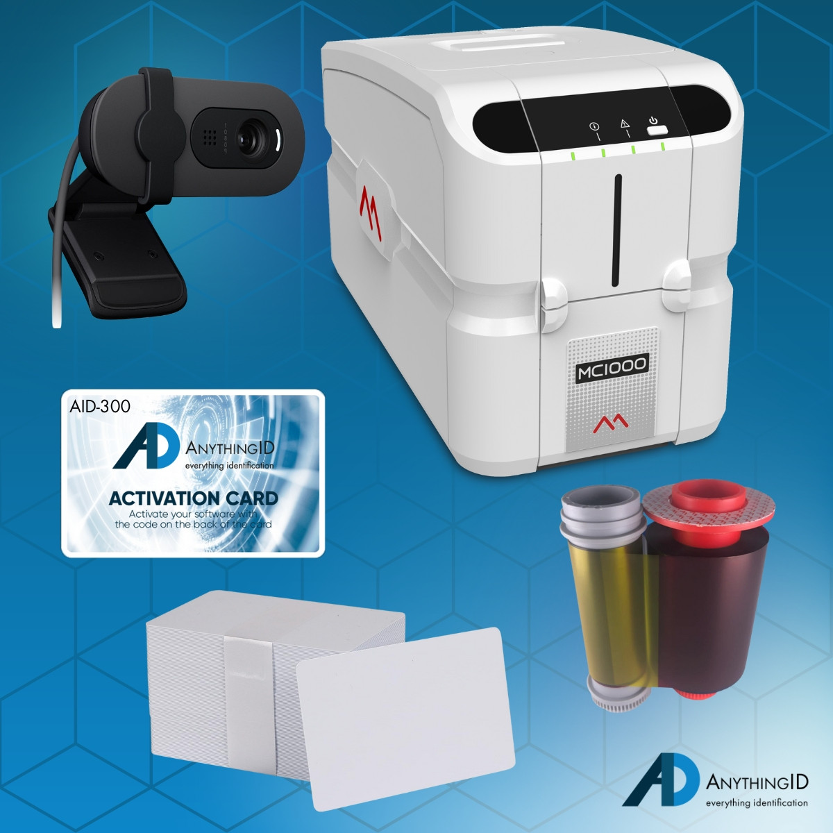 AnythingID™  Matica MC1000 Single-Sided ID Card Printer with AID-300 Software, Webcam, YMCKO Ribbon, and 100 Cards