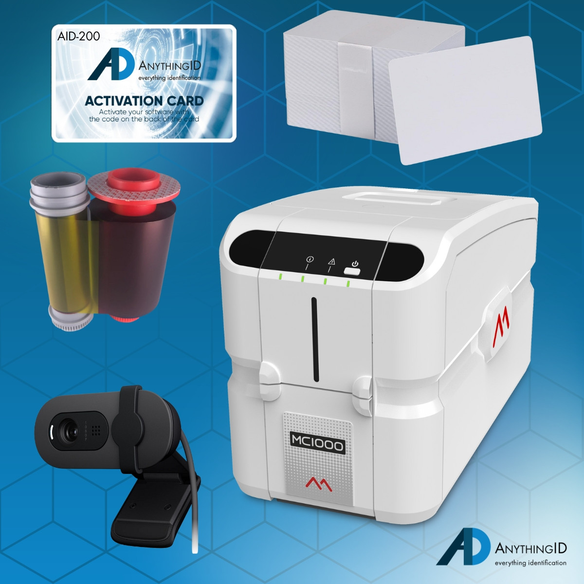 AnythingID Matica MC1000 Dual-Sided ID Card Printer with AID-200 Software, Webcam, YMCKO Ribbon, and 100 Cards