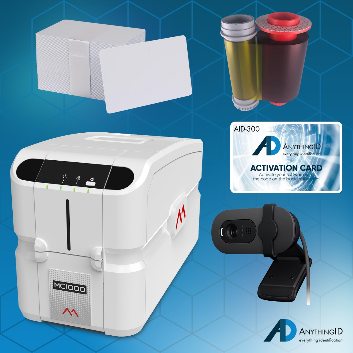 AnythingID™  Matica MC1000 Dual-Sided ID Card Printer with AID-300 Software, Webcam, YMCKO Ribbon, and 100 Cards