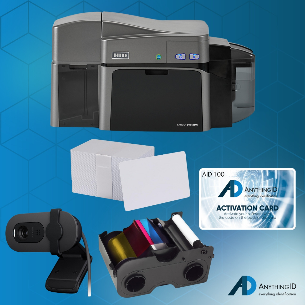 AnythingID Fargo DTC1250e Dual-Sided Printer Bundle with AID-100 Software, Webcam, YMCKO Ribbon, and 100 Cards | AID-50100-100-5