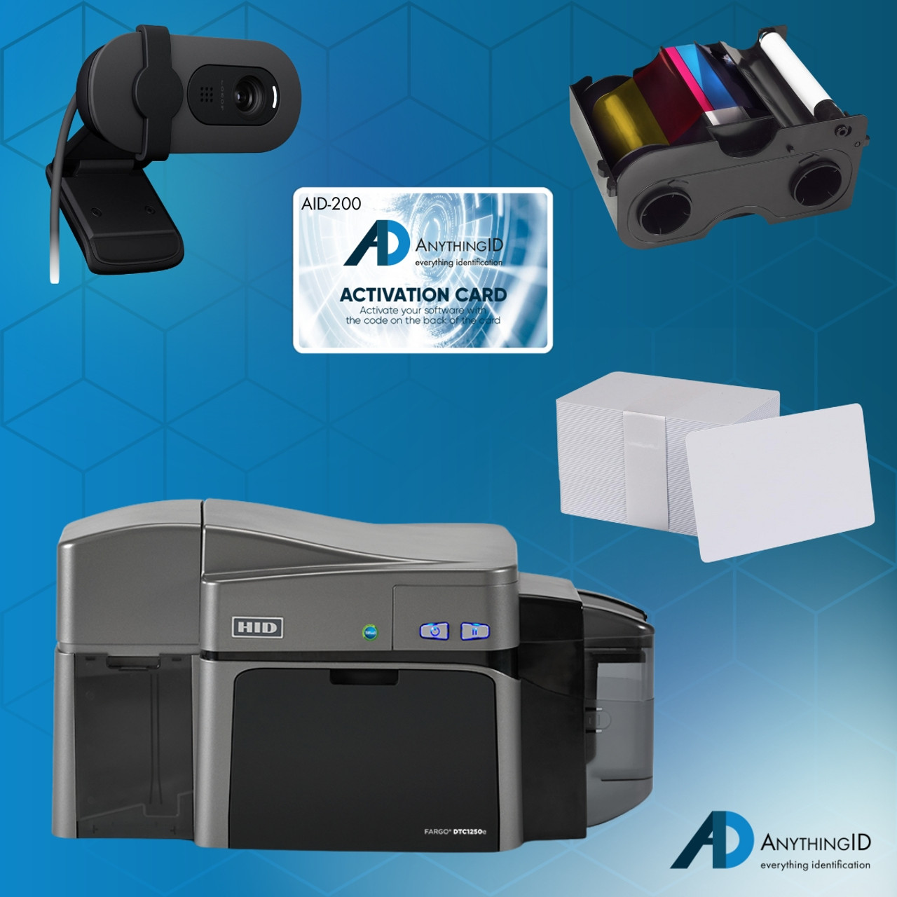 AnythingID Fargo DTC1250e Dual-Sided Printer Bundle with AID-200 Software, Webcam, YMCKO Ribbon, and 100 Cards | AID-50100-200-5