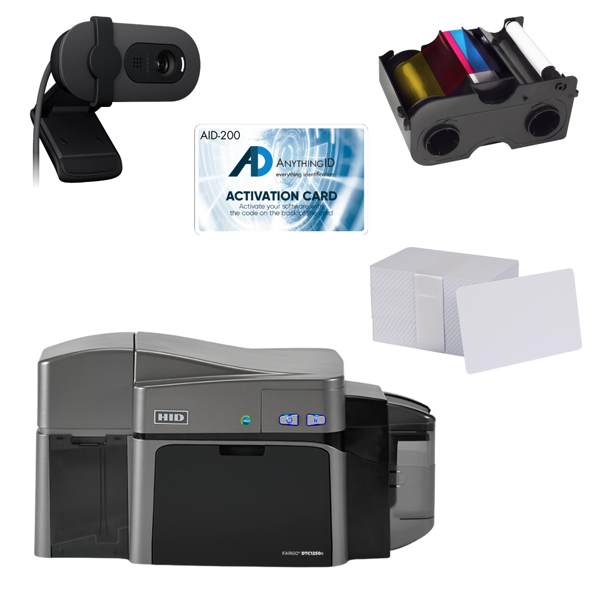 AnythingID™  FARGO DTC1250e Dual-Sided Printer Bundle with AID-200 Software, Webcam, YMCKO Ribbon, and 100 Cards | AID-50100-200-5