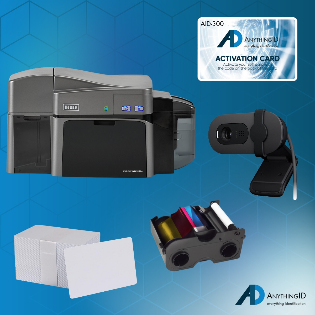 AnythingID FARGO DTC1250e Dual-Sided Printer Bundle with AID-300 Software, Webcam, YMCKO Ribbon, and 100 Cards | AID-50100-300-5