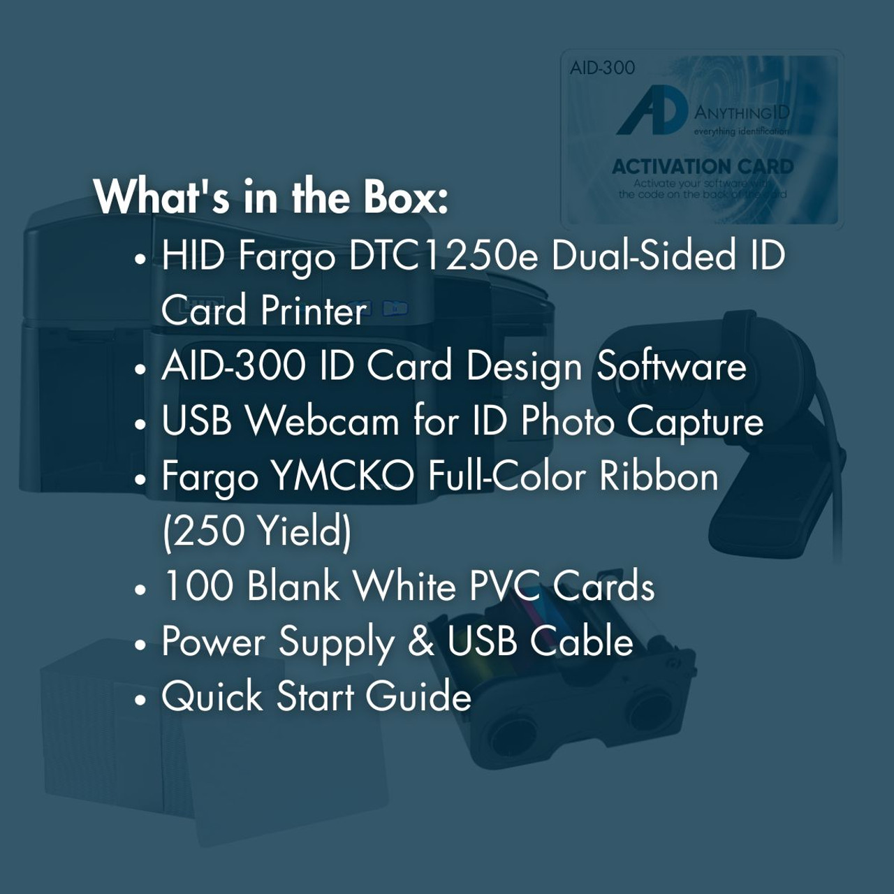 AnythingID Fargo DTC1250e Dual-Sided Printer Bundle with AID-300 Software, Webcam, YMCKO Ribbon, and 100 Cards | AID-50100-300-5