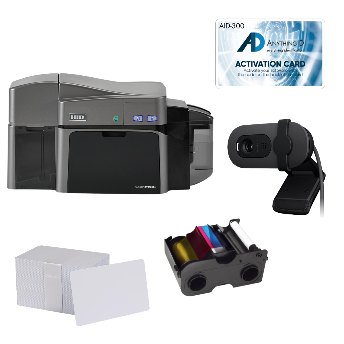 AnythingID FARGO DTC1250e Dual-Sided Printer Bundle with AID-300 Software, Webcam, YMCKO Ribbon, and 100 Cards | AID-50100-300-5