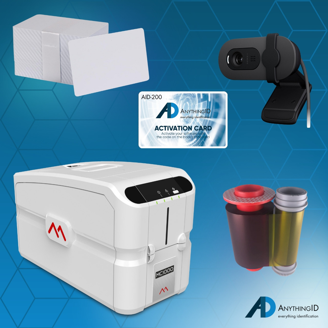 AnythingID Matica MC1000 Dual-Sided ID Card Printer with AID-200 Software, Webcam, YMCKO-K Ribbon, and 100 Cards