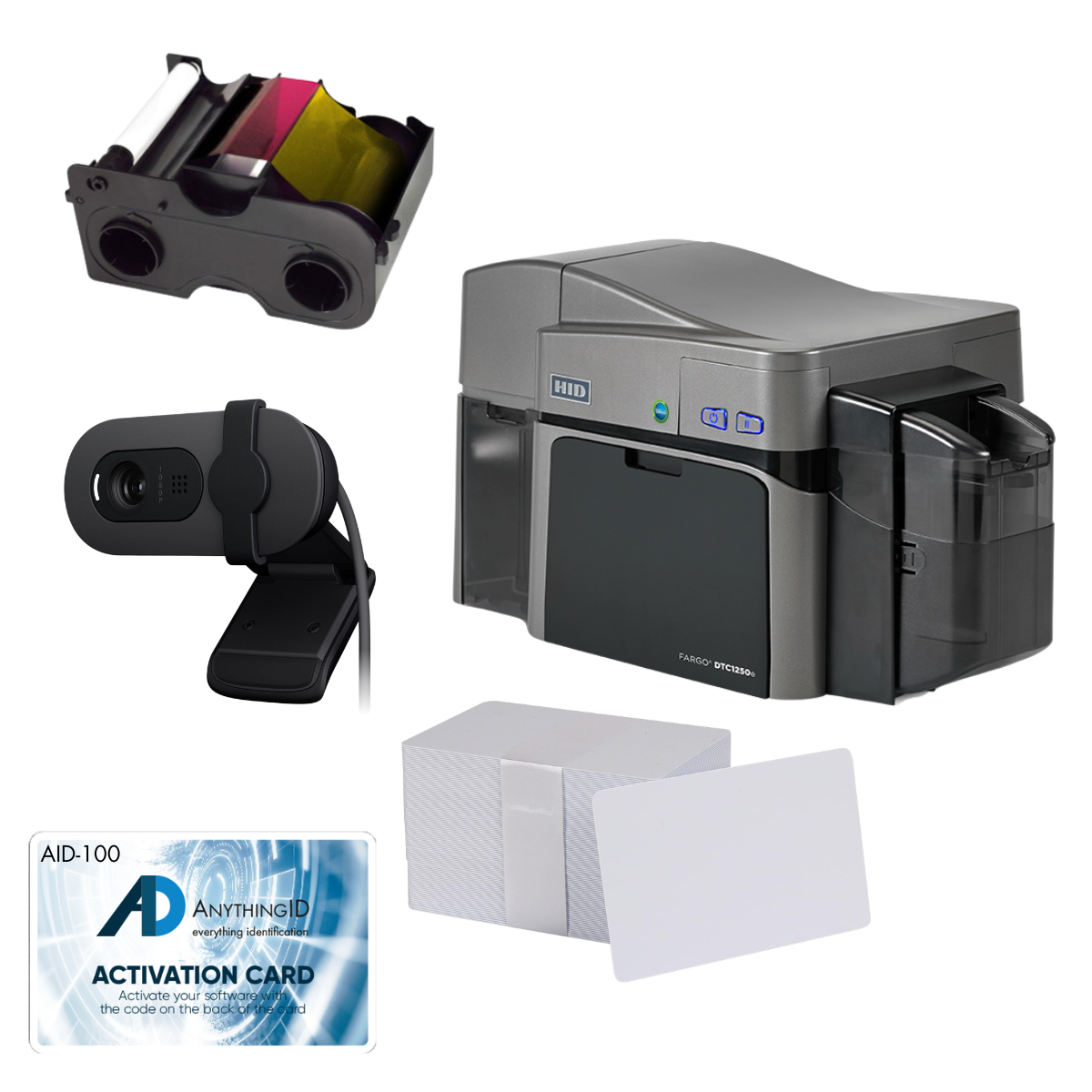 AnythingID™  FARGO DTC1250e Dual-Sided Printer Bundle with AID-100 Software, Webcam, YMCKO-K Ribbon, and 100 Cards | AID-50100-100-6