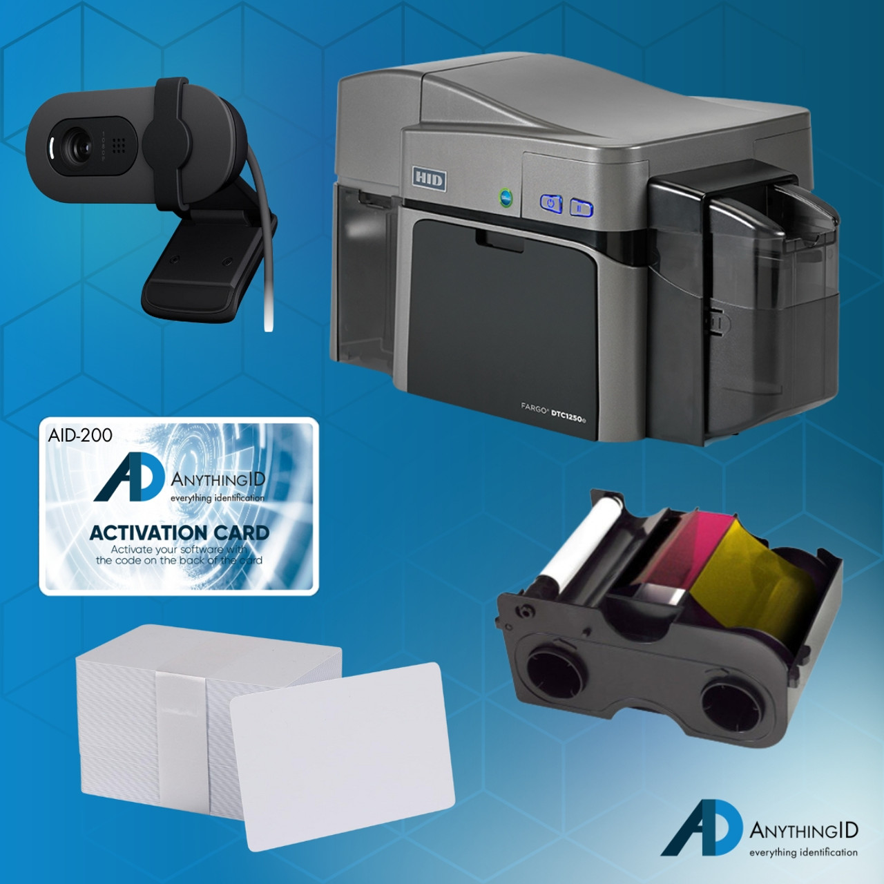 AnythingID Fargo DTC1250e Dual-Sided Printer Bundle  with AID-200 Software, Webcam, YMCKO-K Ribbon, and 100 Cards | AID-50100-200-6