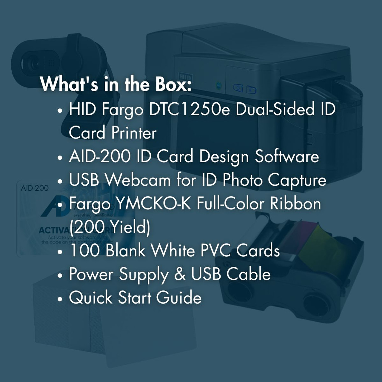 AnythingID Fargo DTC1250e Dual-Sided Printer Bundle  with AID-200 Software, Webcam, YMCKO-K Ribbon, and 100 Cards | AID-50100-200-6