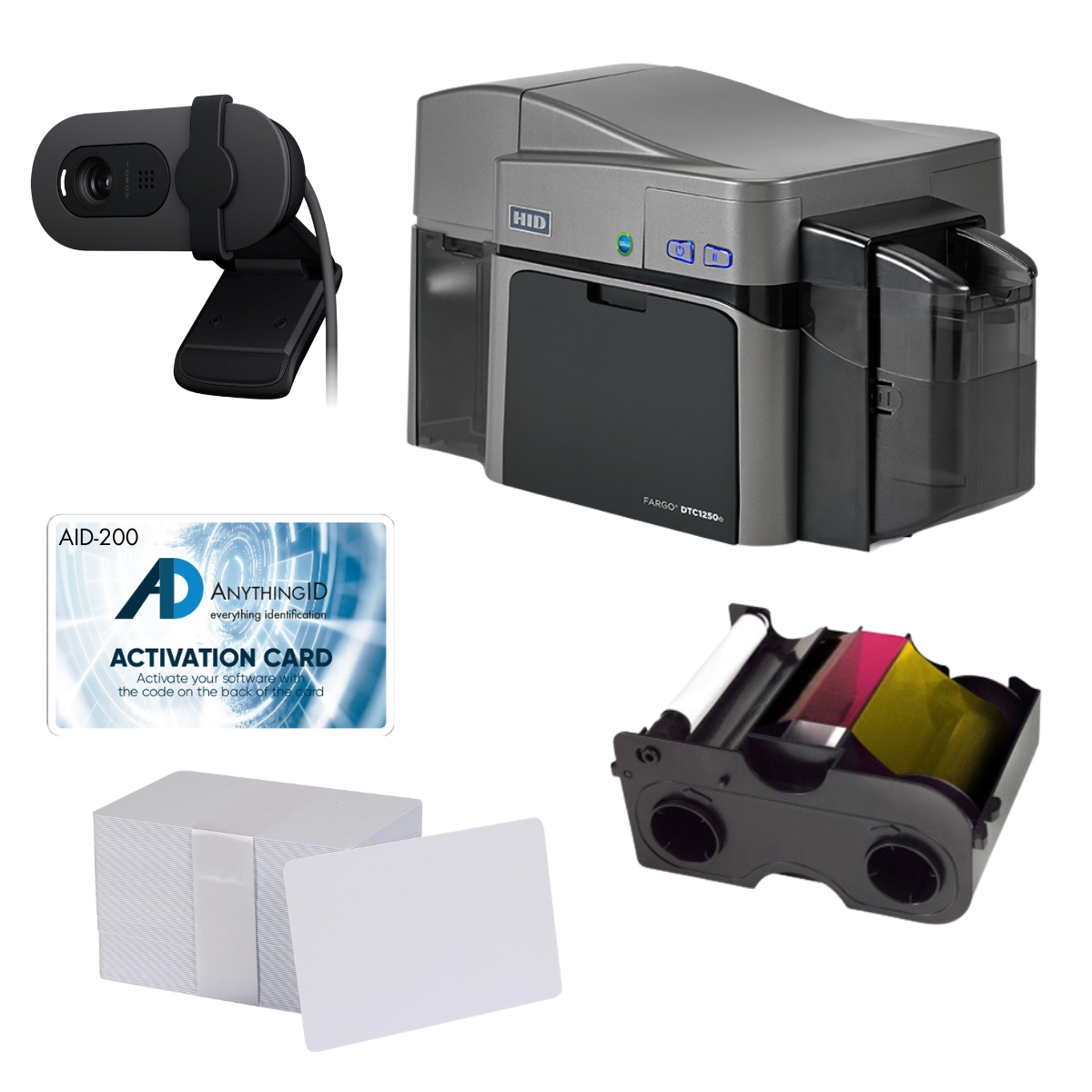 AnythingID FARGO DTC1250e Dual-Sided Printer Bundle  with AID-200 Software, Webcam, YMCKO-K Ribbon, and 100 Cards | AID-50100-200-6
