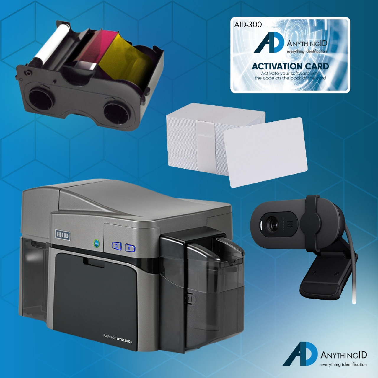AnythingID Fargo DTC1250e Dual-Sided Printer Bundle with AID-300 Software, Webcam, YMCKO-K Ribbon, and 100 Cards | AID-50100-300-6