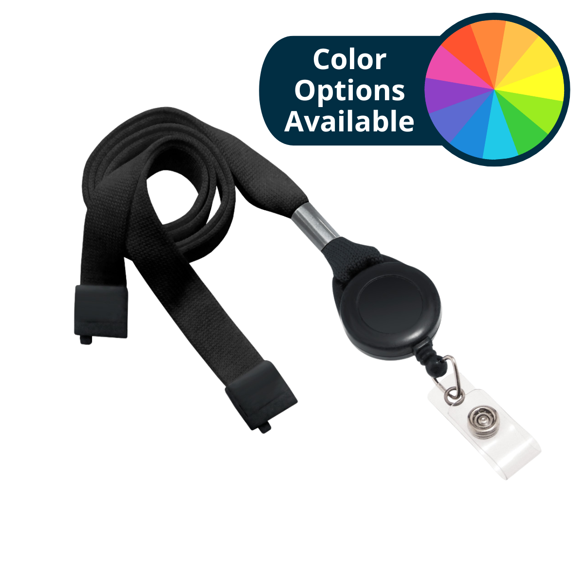 Pack of 100 - 5/8" Flat Tubular Lanyard with Breakaway and Slotted Reel and Clear Vinyl Strap