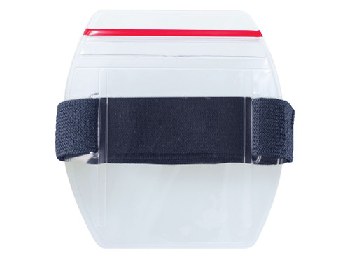 Pack of 25 - Clear Vinyl Vertical Arm Band Badge Holder with Resealable and Blue Strap, 2.2" x 3.38"