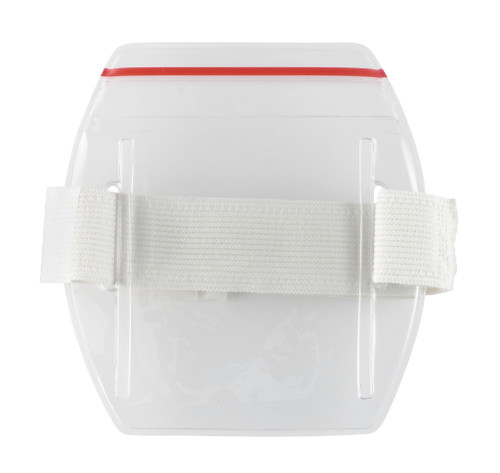 Pack of 25 - Clear Vinyl Vertical Arm Band Badge Holder with Resealable and White Strap, 2.2" x 3.38"