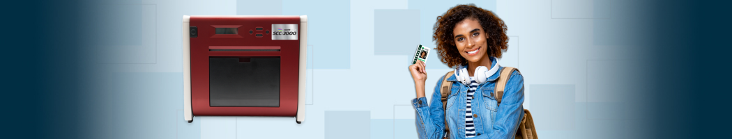 Kanematsu SwiftColor SCC-3000 Printer Options with Person Holding Card