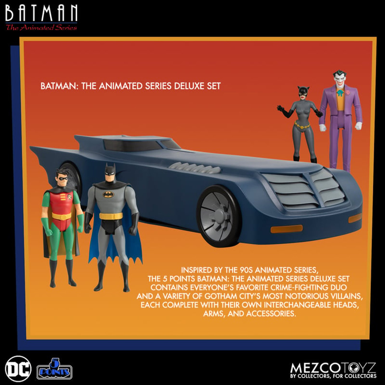 Mezco Batman: The Animated Series 5 Points Figure set and Batmobile