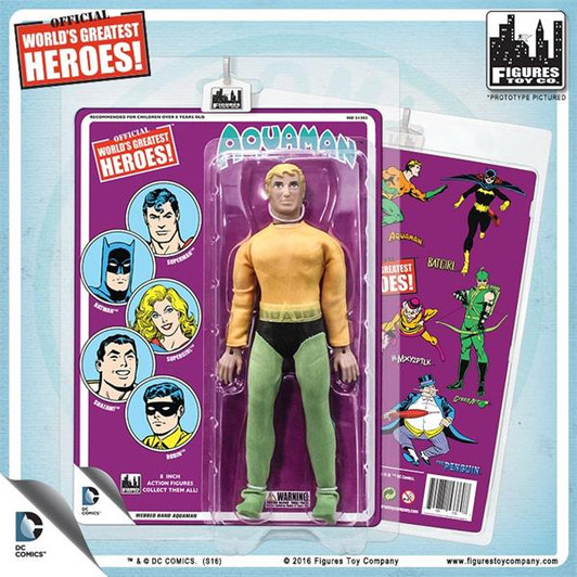 Figures Toy Co. DC Comics 8 Inch Action Figures With Mego-Like Retro Cards: Aquaman With Webbed Hands (Purple Card)