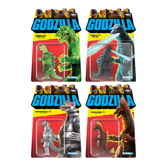 Toho ReAction Figures Wave 7 Godzilla '84 (Heat Ray), Mechagodzilla (1975), Titanosaurus, Godzilla (Semi-Clear Green version)