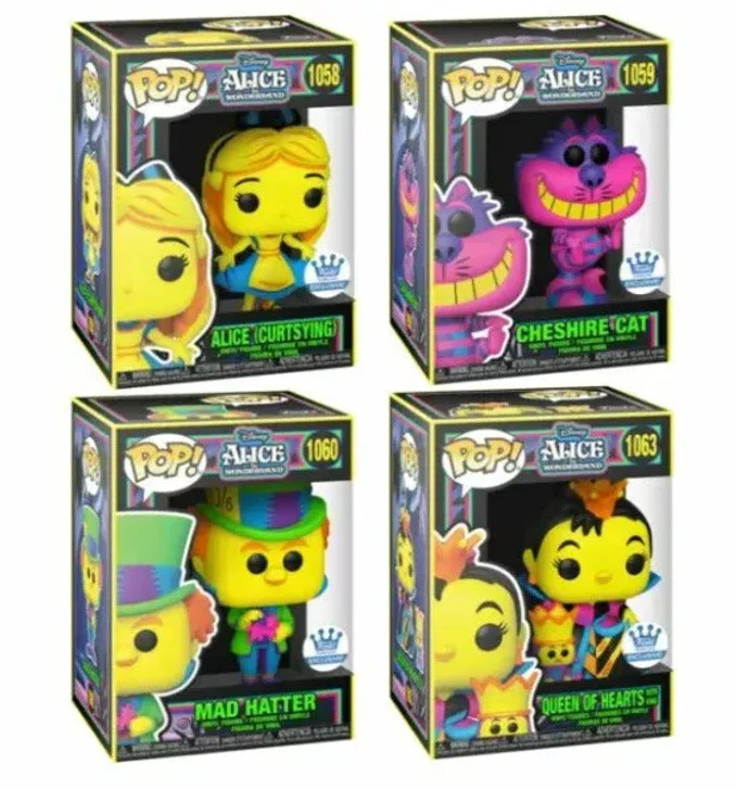 Funko Pop! Disney:  Alice in Wonderland Blacklight set of 4 Cheshire Cat #1059,  Queen Of Hearts #1063, Alice (Curtsying) #1058, Mad Hatter #1060