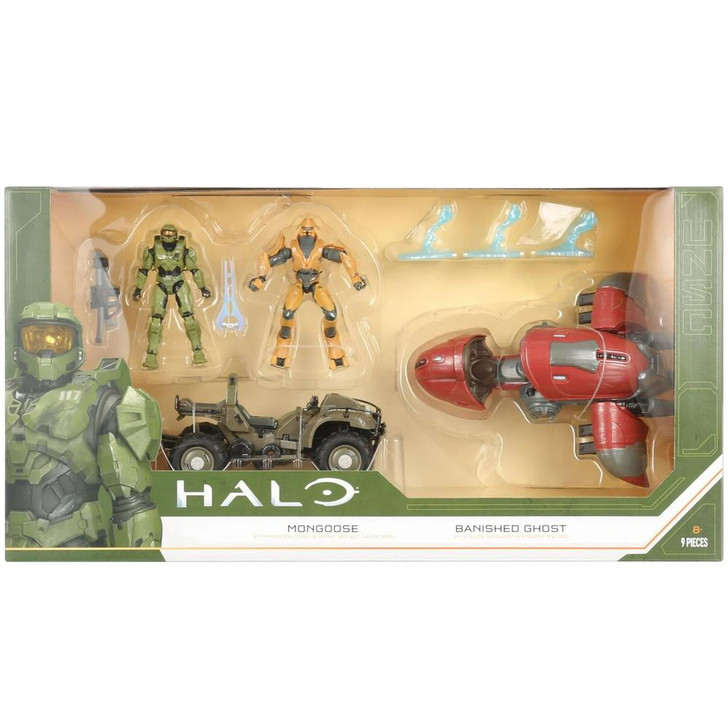 Jazwares Halo Mongoose with Master Chief & Spnkr rocket launcher , Banished Ghost with Elite Warlord & Energy sword