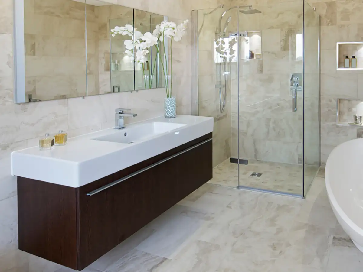 bathroom remodel grey square cabinet doors and drawer fronts