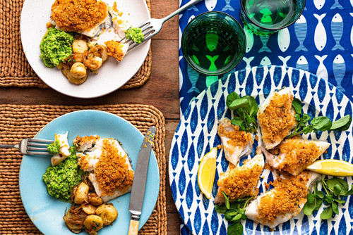 Parmesan and Paprika Crusted Haddock with a Pea Pesto