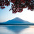 Snow-capped Mount Fuji rising above a still lake at dawn, framed by overhanging red autumn maple leaves, illustrating a first-timer's Japan itinerary for Australian and New Zealand travellers.