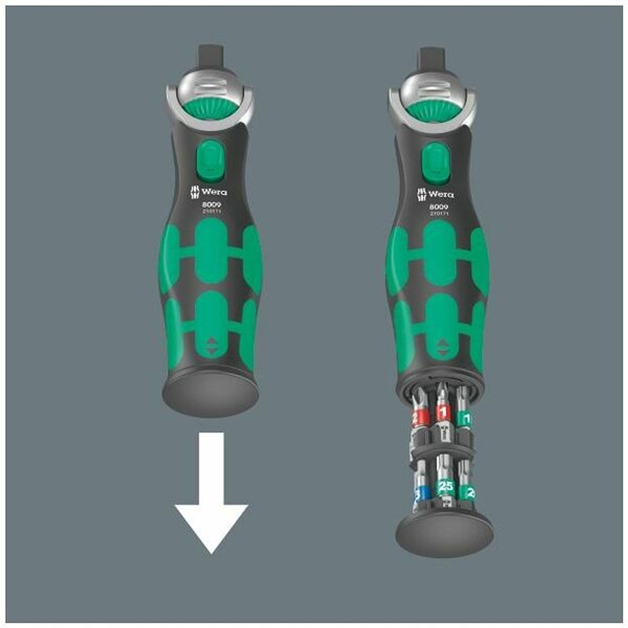 Wera Bit-holding screwdriver with magazine and fine-tooth “Zyklop Pocket”  reversible ratchet with 1/4 inch bits (13) with ratchet and magnet