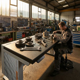 Garant Electric Height Adjust Workstations Garant Gridline  Z9E823, eluplan worktop, in use