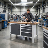 Garant 1500mm Workbench with Cupboard and 4 Drawers in use