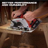 "Better performance and durability" a Milwaukee M18™ 6 ½" Circular Saw in use on a wood board of a construction site.