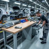 Workbench with drawer casing 24G, cupboard, height 850 mm, Beech Strips worktop, 20×20G, Worktop length: 2000mm in use