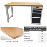 Workbench with drawer casing 16G, height 850 mm, Beech Marine Ply worktop, 12×20G, Worktop length: 1500mm specs