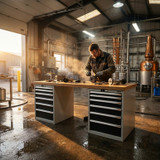 Workbench with 2 drawer casings 24G, height 850 mm, Beech Marine Ply worktop, 20×20G, Worktop length: 2000mm in use