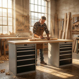 Workbench with 2 drawer casings 24G, height 850 mm, Beech Wood Strips worktop, 20×20G, Worktop length: 2000mm in use