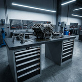 Workbench with 2 drawer casings 24G, height 850 mm, Eluplan worktop, 20×20G, Worktop length: 2000mm in use