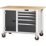 GARANT GridLine Workbench, mobile, left side cupboard, right side 5 drawers, Beech marine ply worktop, 20x20G