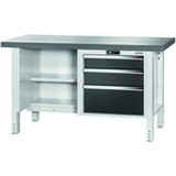 GARANT GridLine Workbench, left side open, right side 3 drawers, Eluplan worktop, dark, 20x20G