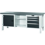 GARANT GridLine Workbench, left side cupboard, centre open, right side 4 drawers, Eluplan worktop, dark, 20x20G