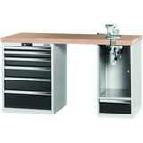 GARANT GridLine Vario workbench with 2 drawer casings, swing-away and height adjustment unit, height 850 mm, Beech marine ply worktop, 20x20G