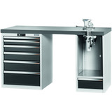 GARANT GridLine Vario workbench with 2 drawer casings, swing-away and height adjustment unit, height 850 mm, Eluplan worktop, dark, 20x20G