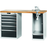 GARANT GridLine Vario workbench with 2 drawer casings, swing-away and height adjustment unit, height 950 mm, Bamboo worktop, 20x20G